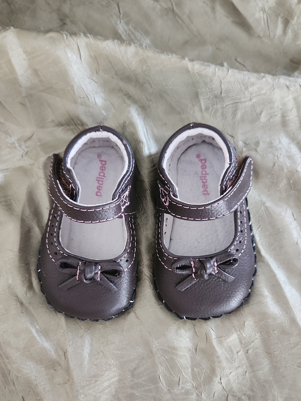 pediped Chocolate Brown Mary Jane Baby Shoes with Pink Stitching